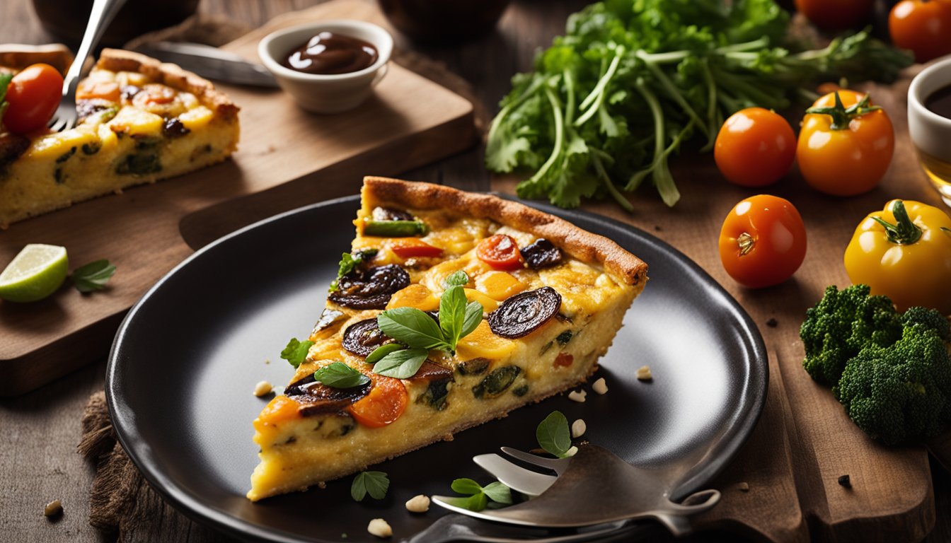 A golden-brown frittata sits on a rustic table, surrounded by colorful roasted vegetables and drizzled with a glossy balsamic glaze