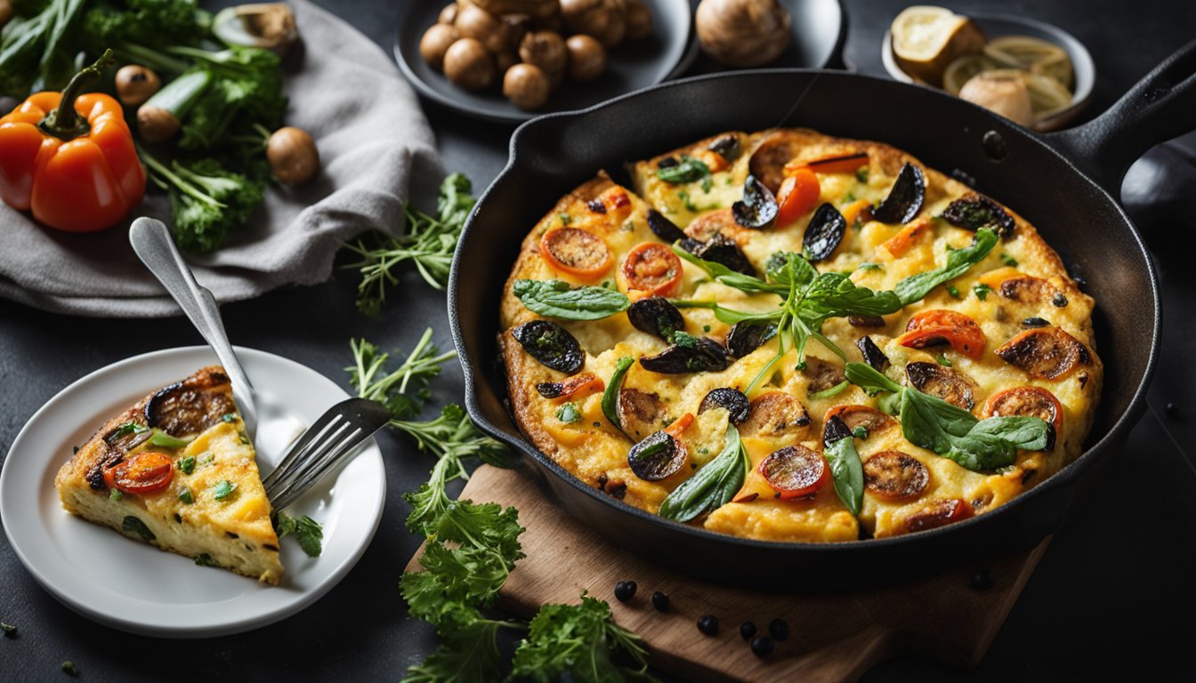 A frittata sizzling in a skillet surrounded by vibrant roasted vegetables, drizzled with balsamic glaze