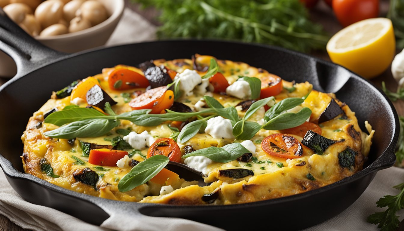 A sizzling frittata in a cast-iron skillet, filled with herbed goat cheese and surrounded by colorful roasted vegetables drizzled with balsamic glaze