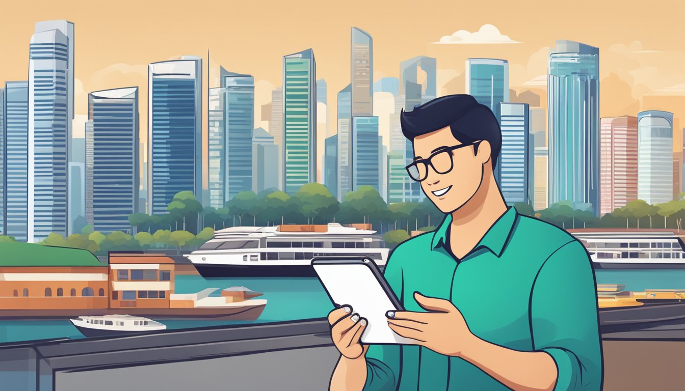 A customer browsing through a list of frequently asked questions on a mobile phone, with the skyline of Singapore in the background