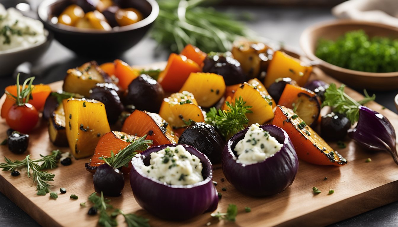 A colorful array of roasted vegetables sits on a cutting board next to a bowl of herbed goat cheese. A drizzle of balsamic glaze adds a finishing touch to the elegant dish