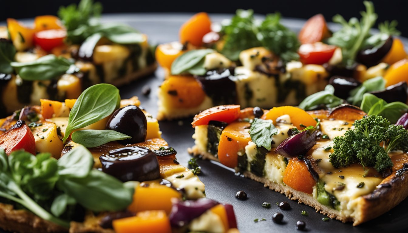 A colorful array of roasted vegetables surrounds a golden herbed goat cheese frittata drizzled with rich balsamic glaze