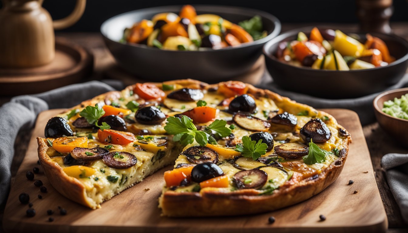 A frittata sits on a wooden cutting board, surrounded by roasted vegetables and a drizzle of balsamic glaze