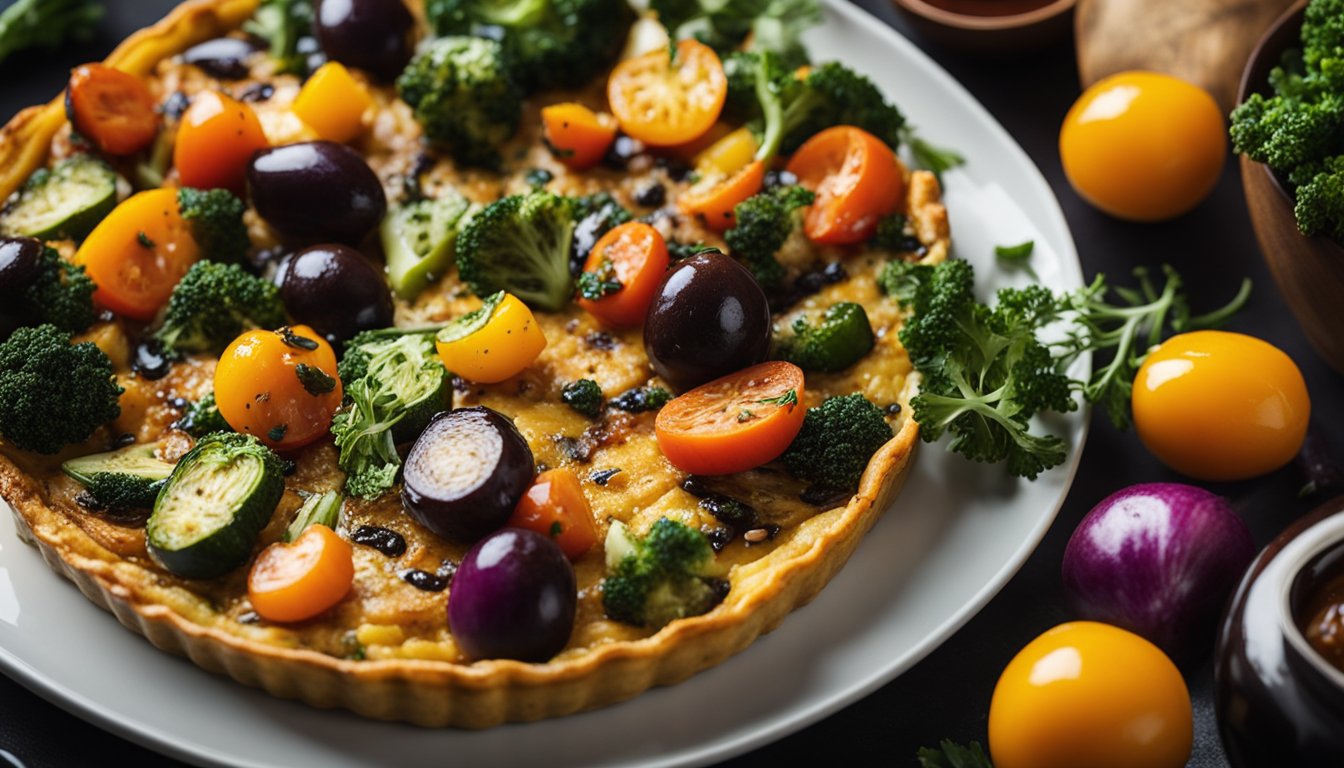 A golden-brown frittata sits on a plate surrounded by colorful roasted vegetables. A drizzle of balsamic glaze adds a glossy finish