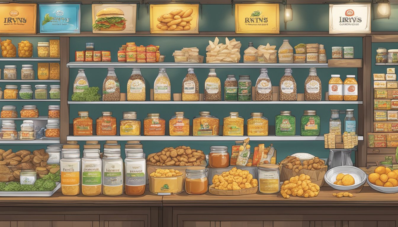 A table with various Irvins products displayed, including salted egg snacks and sauces. A sign indicating "Irvins Products" and "Where to buy in Singapore" is prominently featured