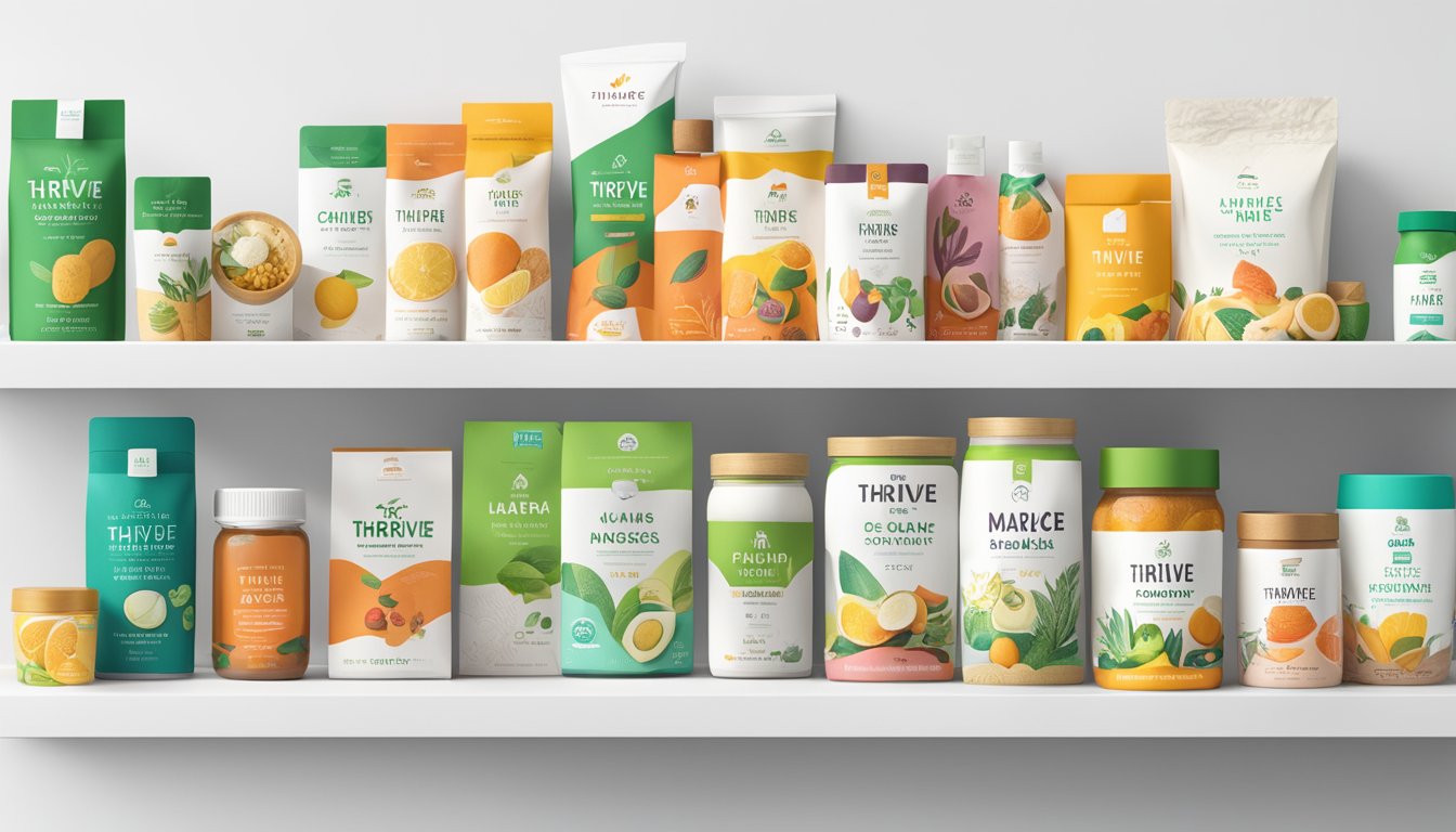 A display of Thrive Market branded products on a clean, white shelf with minimalist packaging and vibrant colors