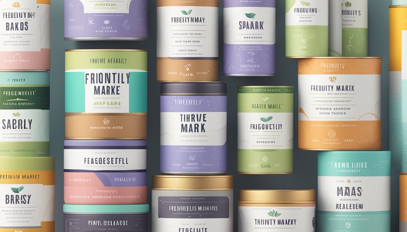 A stack of colorful product labels with "Frequently Asked Questions" and "Thrive Market Brands" prominently displayed