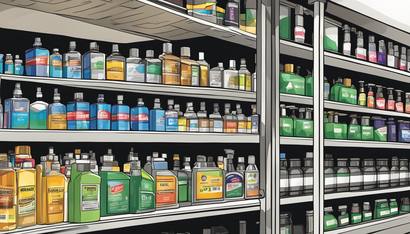 A shelf in a hardware store with various bottles of acetone, labeled and neatly arranged. Bright lighting highlights the products, and a sign indicates the section for chemical solvents