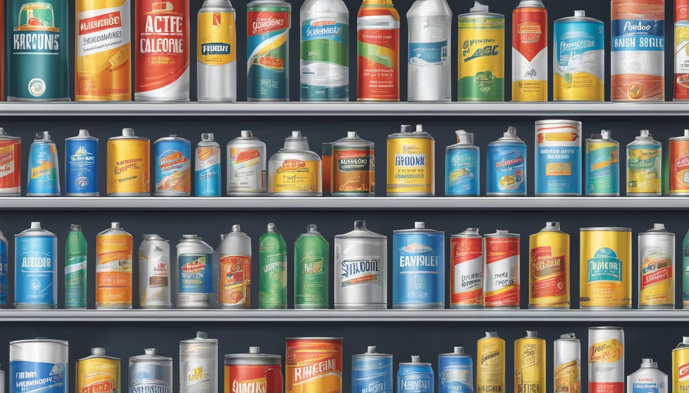 A hardware store shelf displays acetone cans in Singapore
