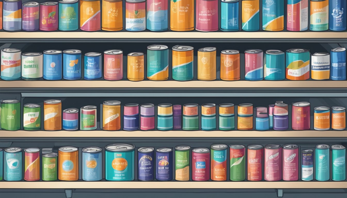 Shelves of acetone cans in a well-lit store, with a sign reading "Frequently Asked Questions: where to buy acetone in Singapore."