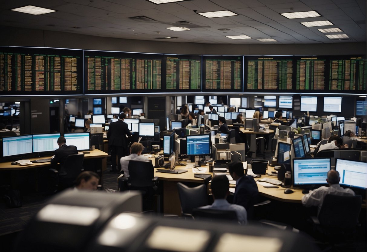 A bustling stock exchange with traders making rapid transactions, while tax forms and financial documents are scattered on desks