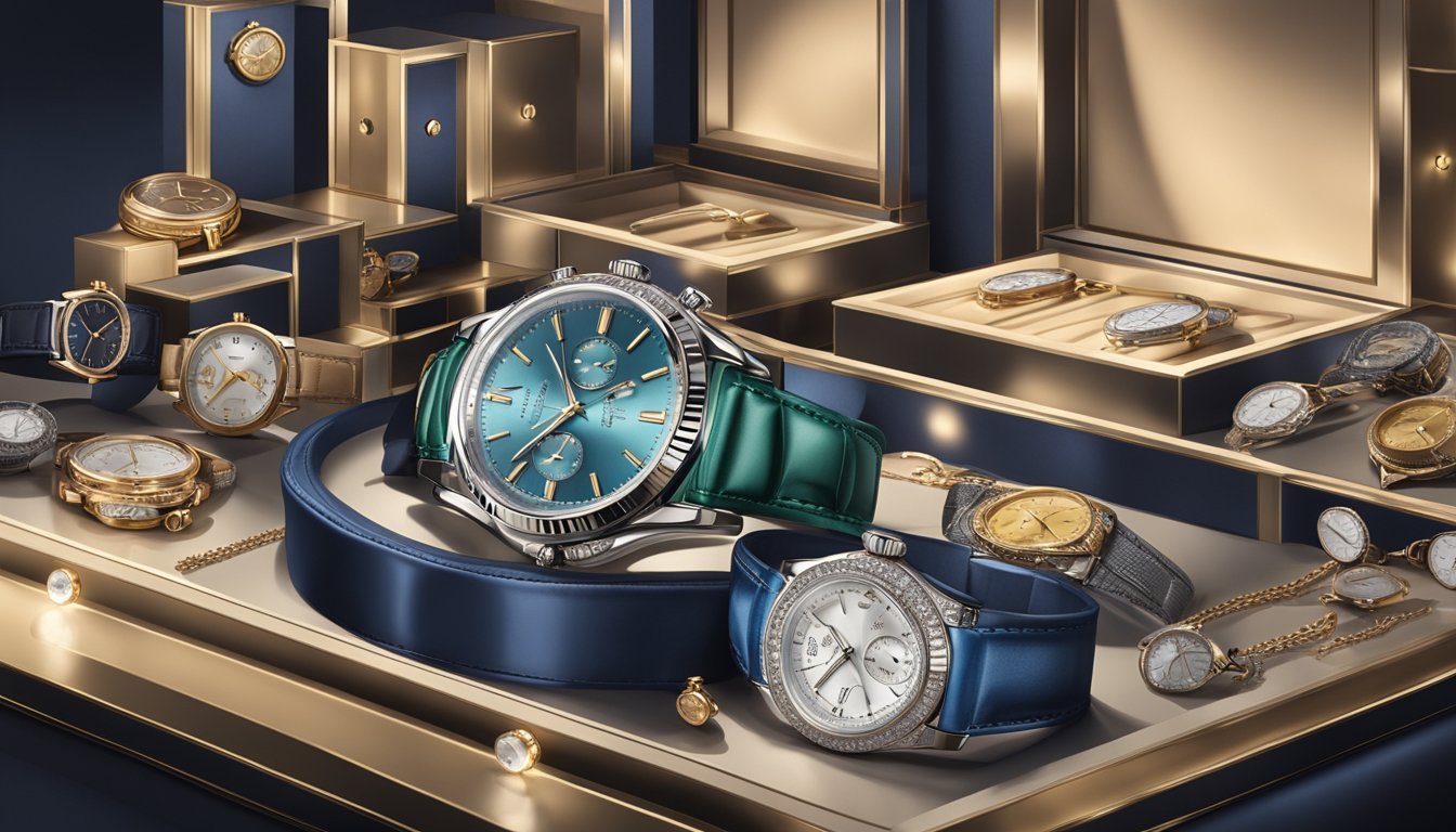 A collection of iconic watch brands displayed on a luxurious velvet-lined shelf, surrounded by soft lighting and a backdrop of elegant timepieces