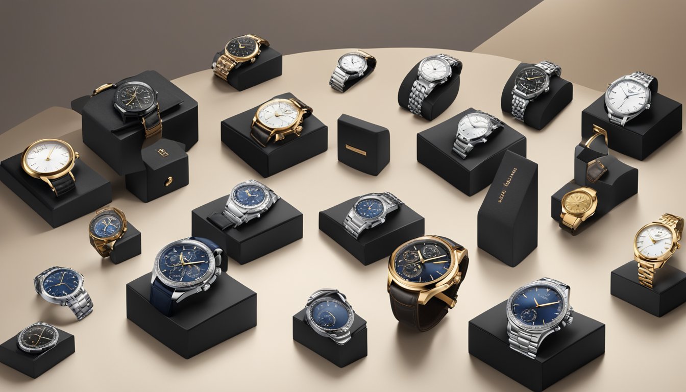 A collection of iconic watch brands displayed on a luxurious velvet-lined showcase, with each timepiece exuding elegance and sophistication
