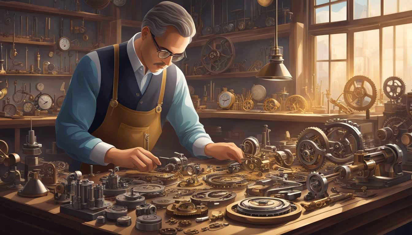 A watchmaker meticulously assembles intricate gears and hands, surrounded by precision tools and luxurious materials in a well-lit workshop