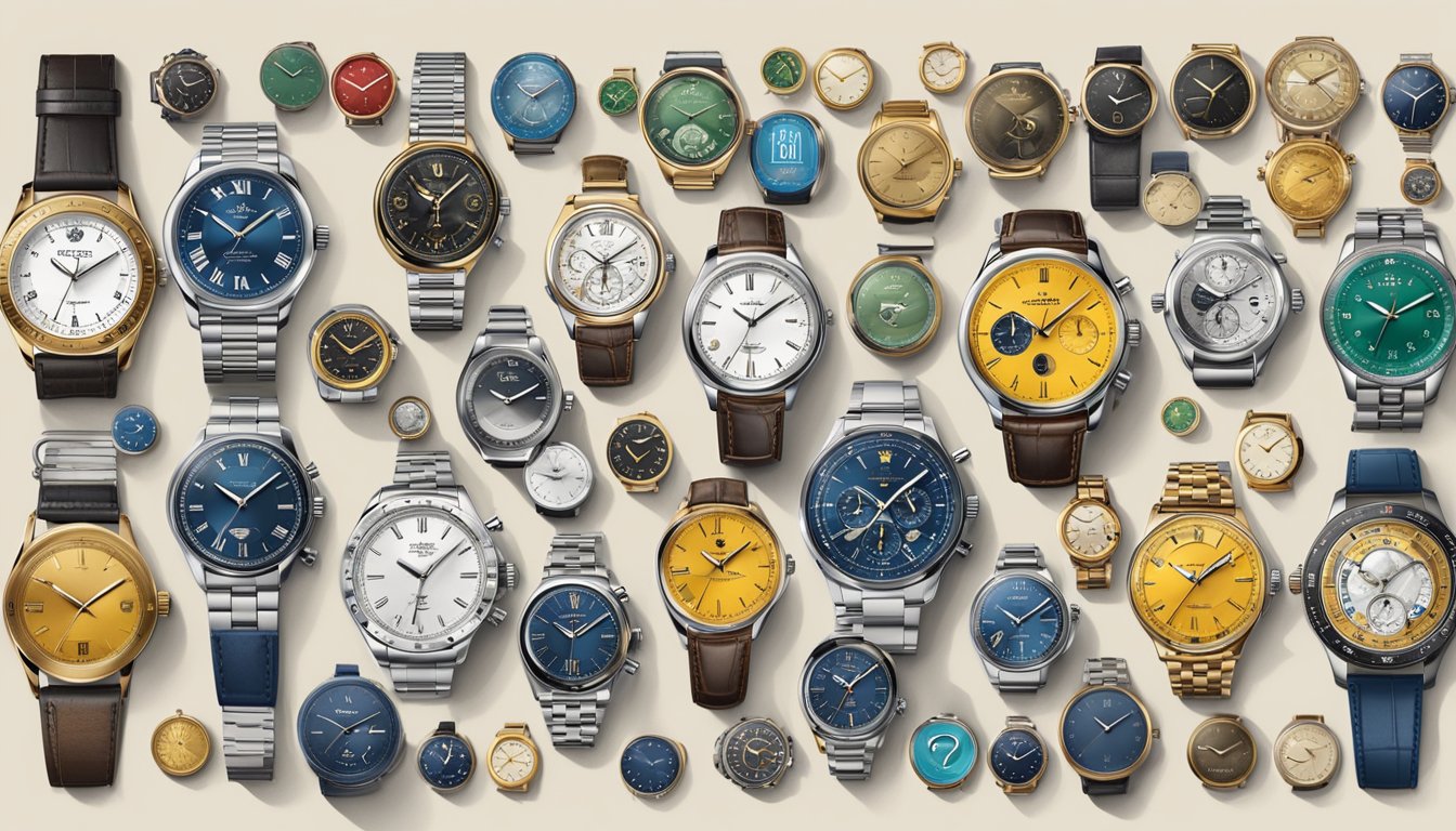 A display of iconic watch brands' logos, surrounded by a border of frequently asked questions in elegant typography