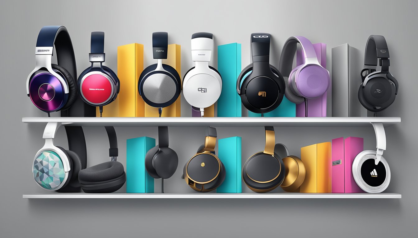 Various top headphone brands arranged in a row, each with their distinct logos and designs. Displayed on a sleek, modern shelf or stand