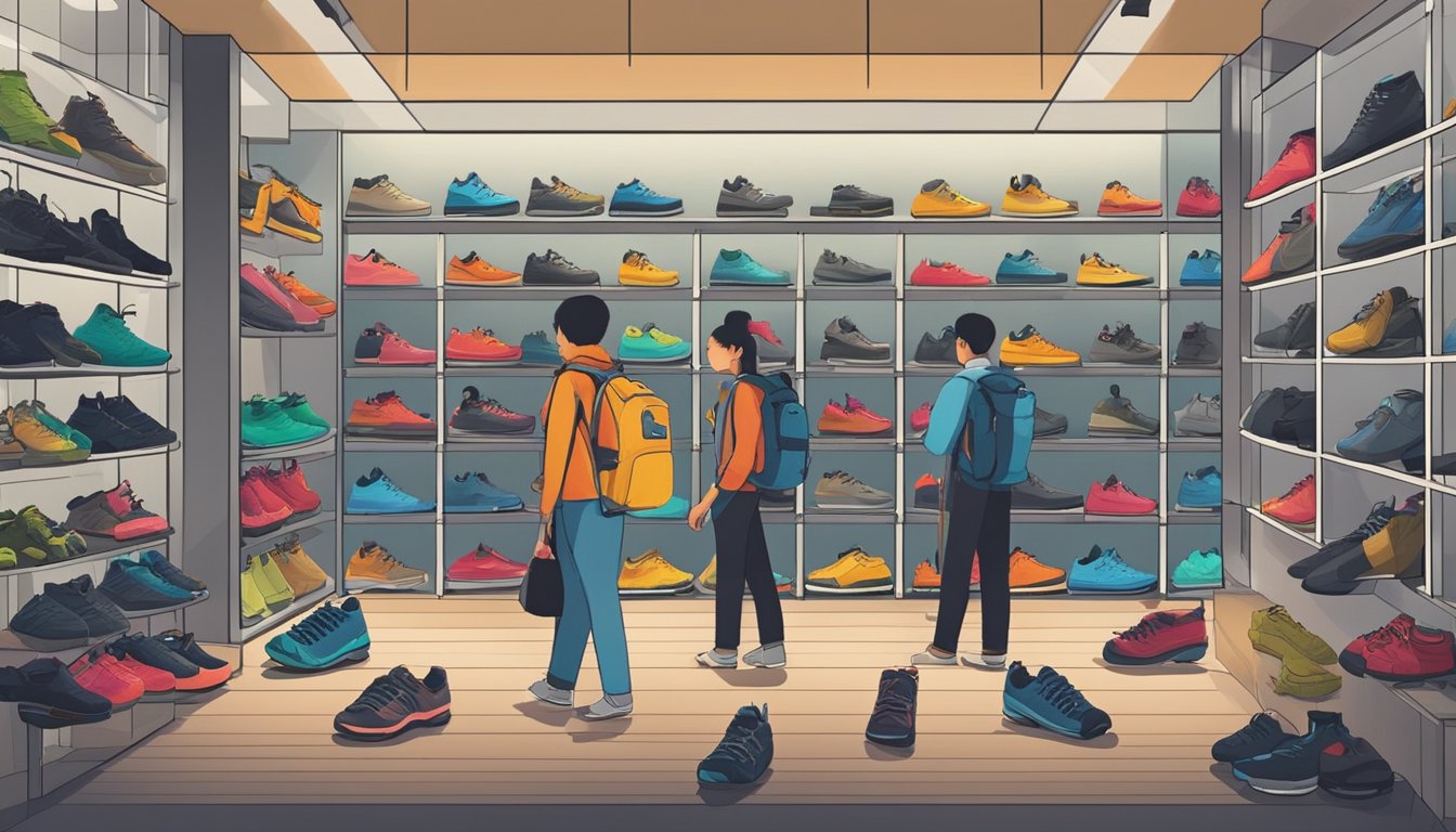 A bustling outdoor gear store in Singapore showcases a variety of climbing shoes on display shelves, with customers browsing and trying on different styles