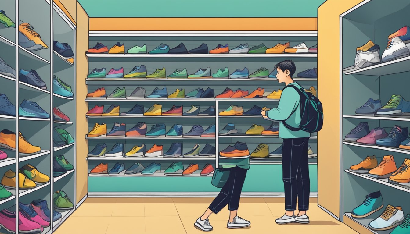 A person trying on climbing shoes at a store in Singapore, surrounded by shelves of different brands and styles