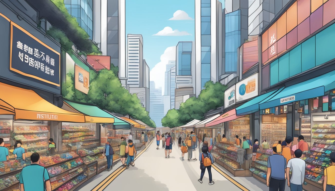 A bustling street lined with outdoor gear stores, featuring prominent signage for top climbing shoe brands in Singapore