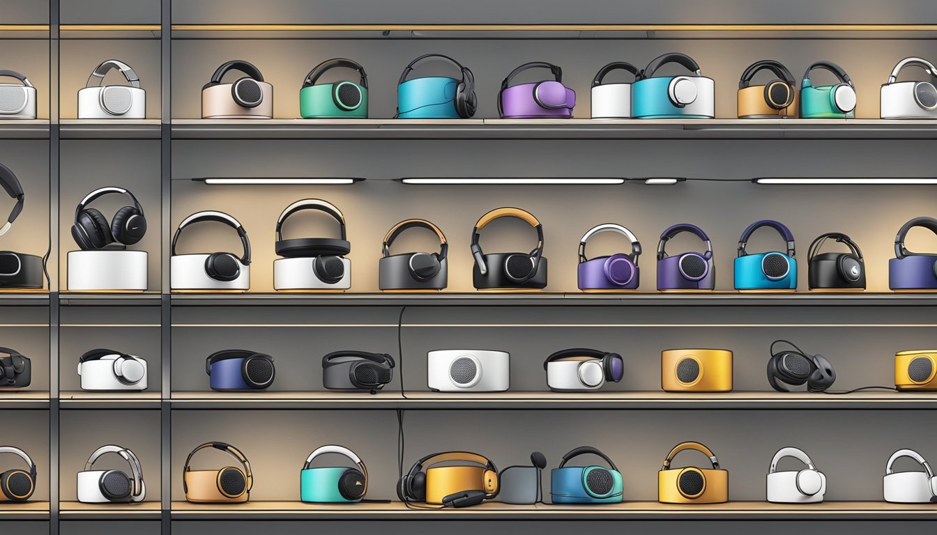 Various top headphone brands displayed on shelves, with their flagship models showcased. Bright lighting highlights the products, creating a visually appealing scene for an illustrator to recreate
