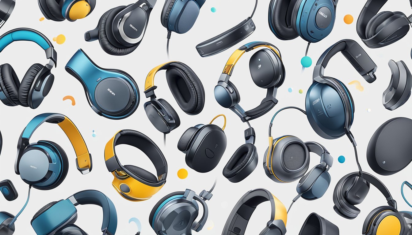 Headphones of various shapes and sizes, displaying advanced features like noise-cancellation and wireless connectivity. Top 10 brands' logos visible
