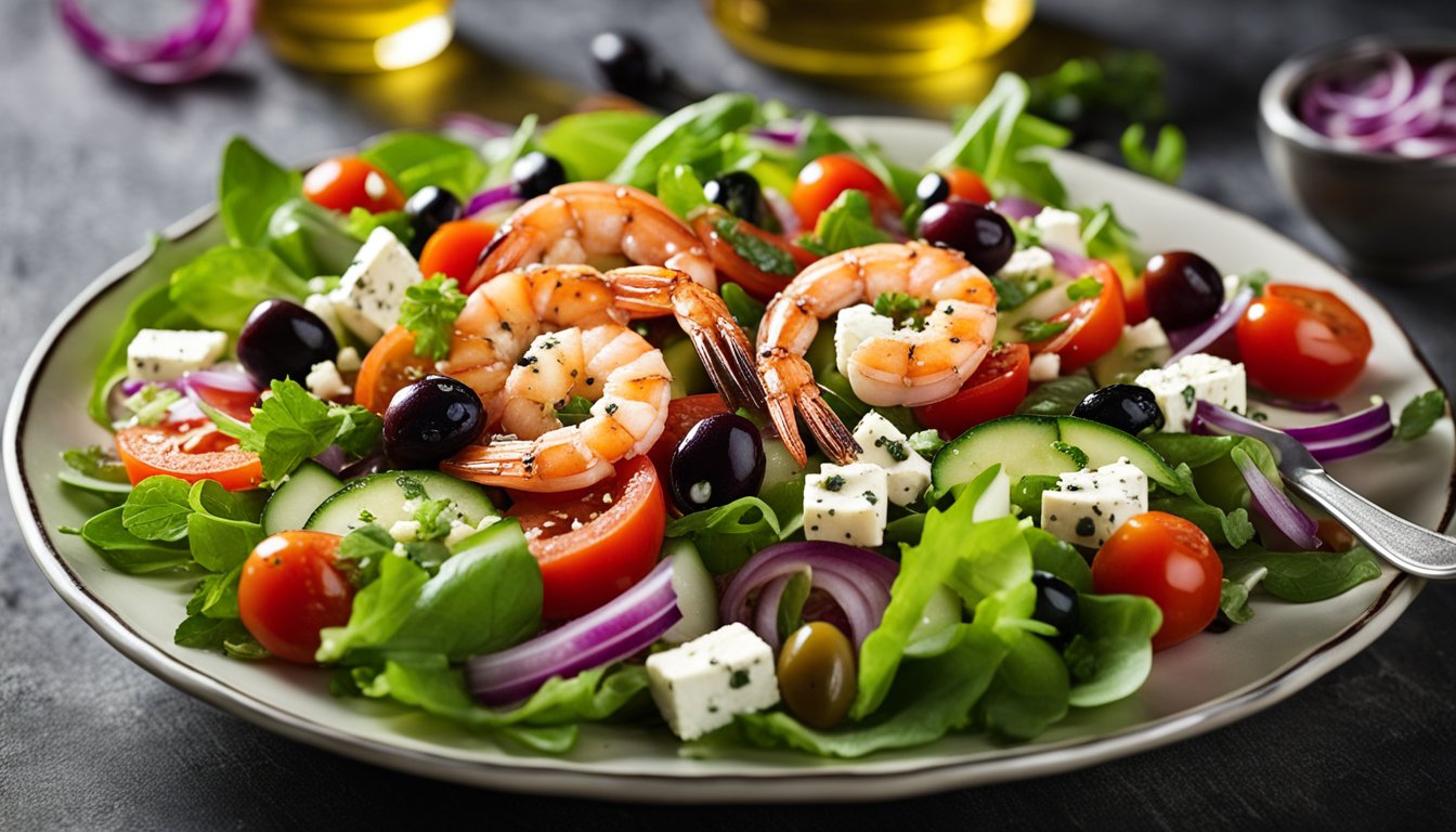 A colorful Greek salad with grilled shrimp, featuring vibrant tomatoes, cucumbers, red onions, feta cheese, olives, and fresh greens, drizzled with olive oil and sprinkled with oregano