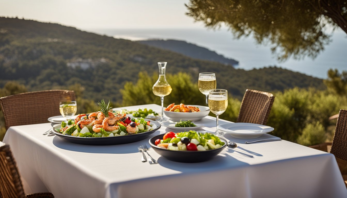 A table set with a traditional Greek salad, topped with grilled shrimp, surrounded by olive trees and a view of the Mediterranean Sea