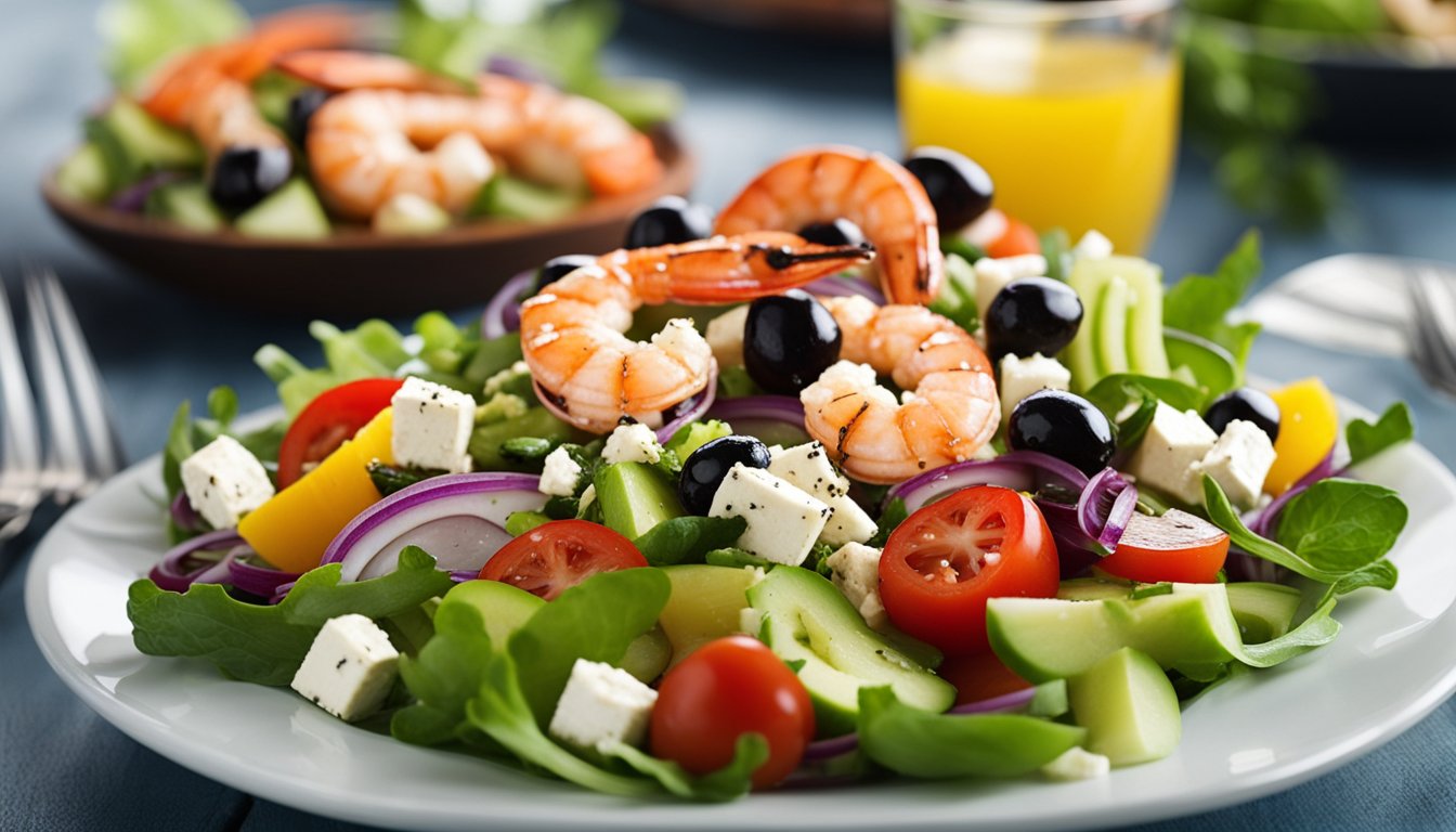 A colorful plate of Greek salad with vibrant vegetables and feta cheese topped with succulent grilled shrimp