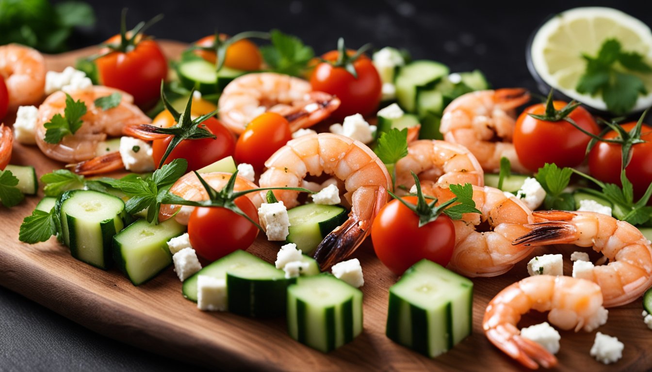 Fresh ingredients laid out: plump shrimp, vibrant tomatoes, crisp cucumbers, and feta cheese. A sizzling grill awaits the shrimp