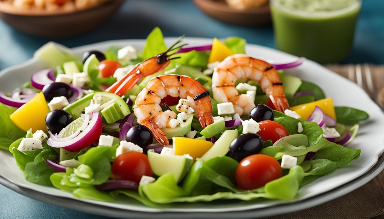 A Greek salad with grilled shrimp, drizzled with tangy dressing, surrounded by fresh vegetables and feta cheese