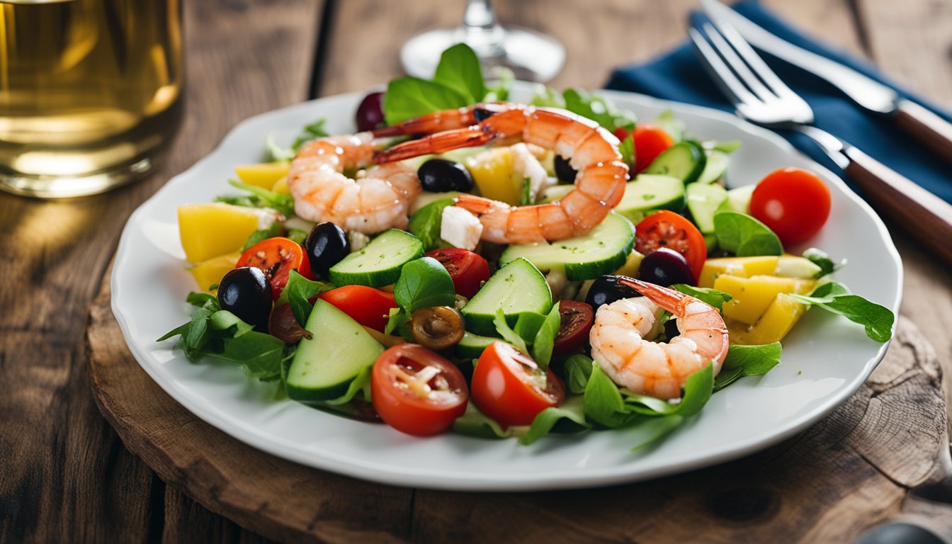 A Greek salad with grilled shrimp is placed next to a glass of white wine on a wooden table. The vibrant colors of the fresh vegetables and succulent shrimp create an appetizing scene