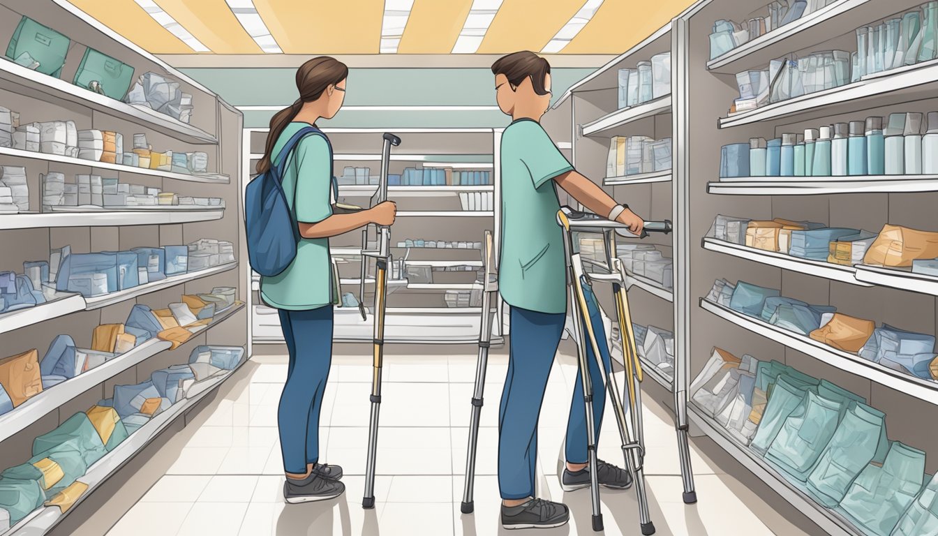 A person browsing crutches in a medical supply store