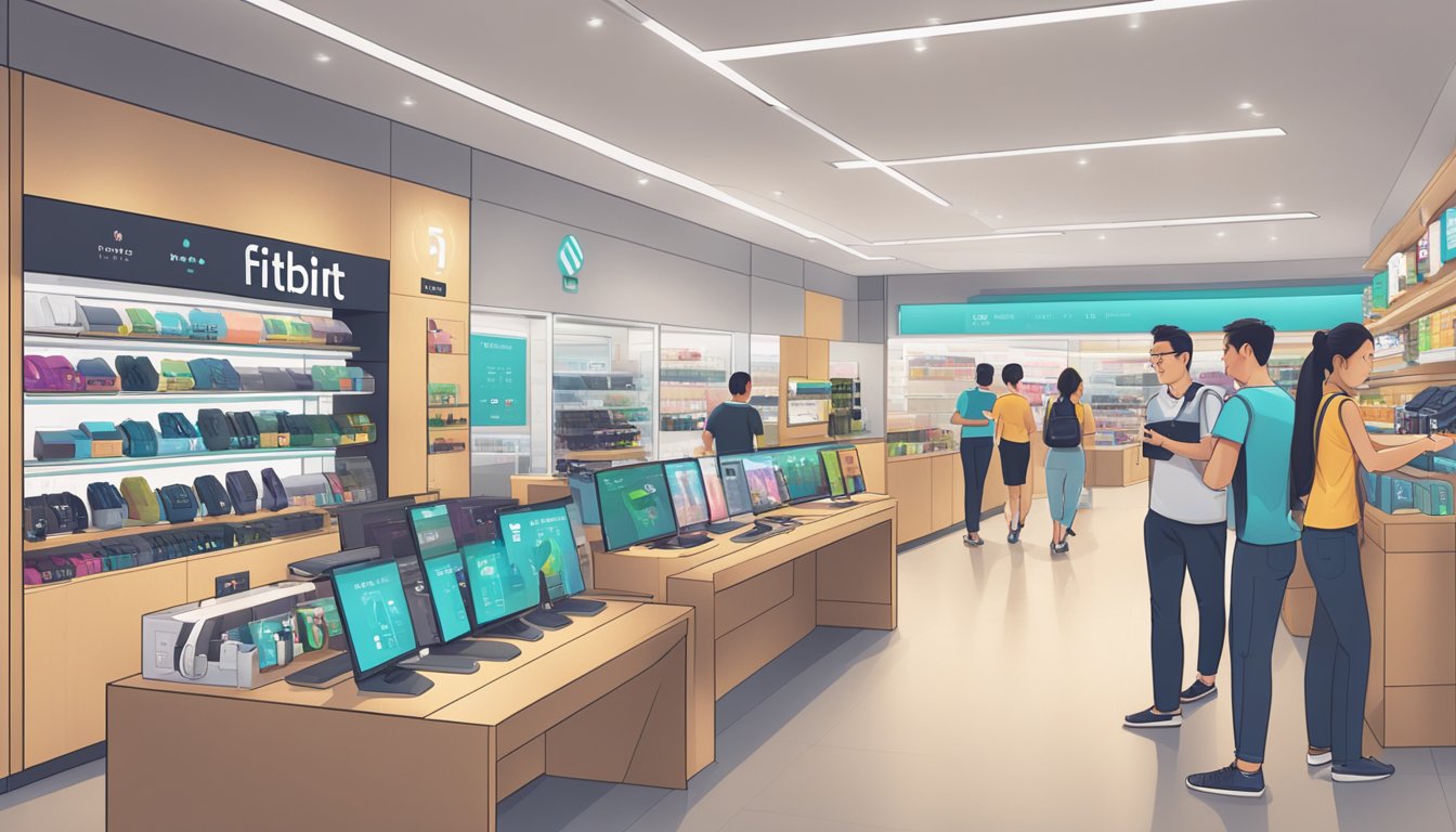 A busy electronic store in Singapore displays shelves of Fitbit products with customers browsing and interacting with the merchandise