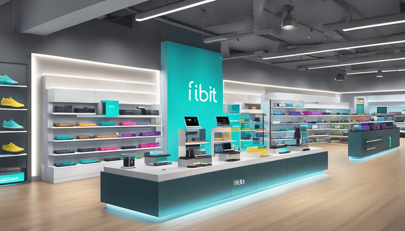 A display of Fitbit products in a modern electronics store in Singapore, with a variety of models and accessories showcased on sleek, well-lit shelves