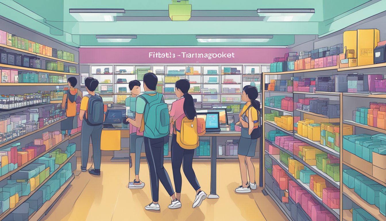A bustling electronic store in Singapore, with shelves lined with Fitbit products and customers browsing for the popular fitness tracker