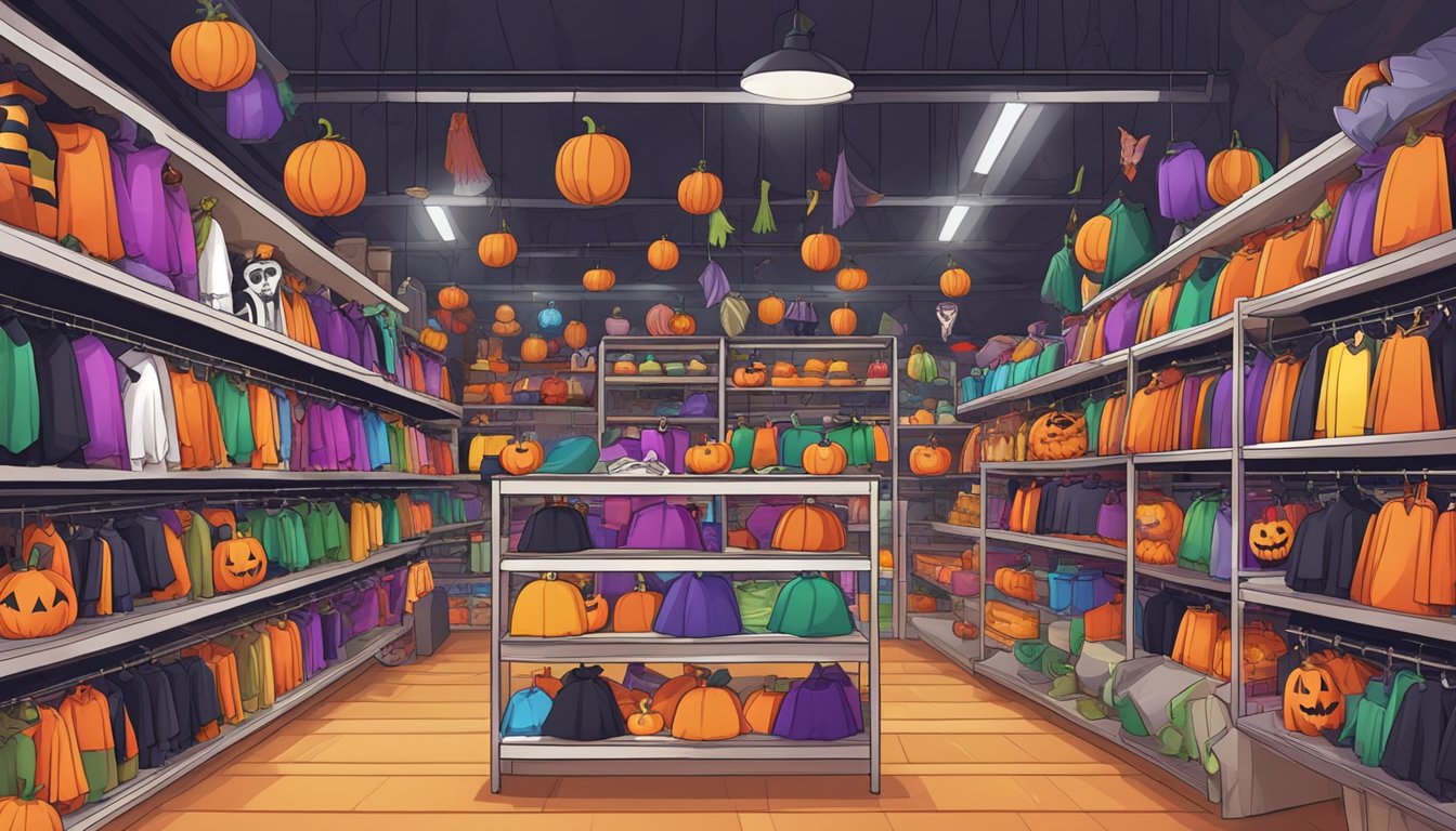 A store filled with racks of colorful Halloween costumes, with shelves of spooky accessories and decorations, located in Singapore