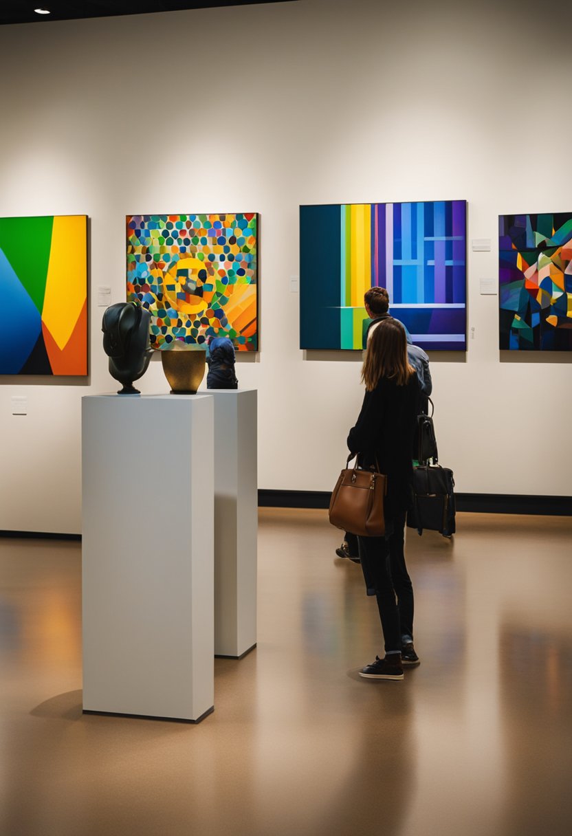 Colorful art pieces displayed in Baylor University Galleries, Waco. Visitors admire diverse paintings and sculptures