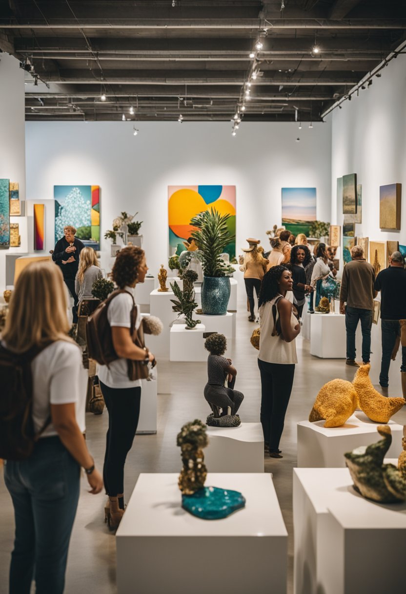 A bustling art gallery with colorful paintings and sculptures on display, visitors admiring the artwork, and a sign announcing upcoming art events and exhibitions in Waco