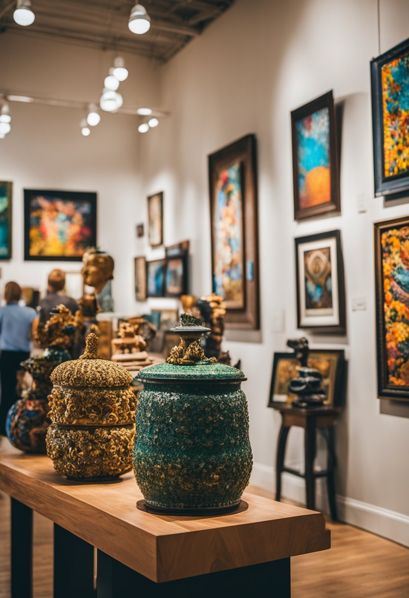 Vibrant paintings and sculptures fill the gallery space, with visitors admiring the diverse works of local artists. The room is alive with color and creativity, showcasing the thriving art scene in Waco