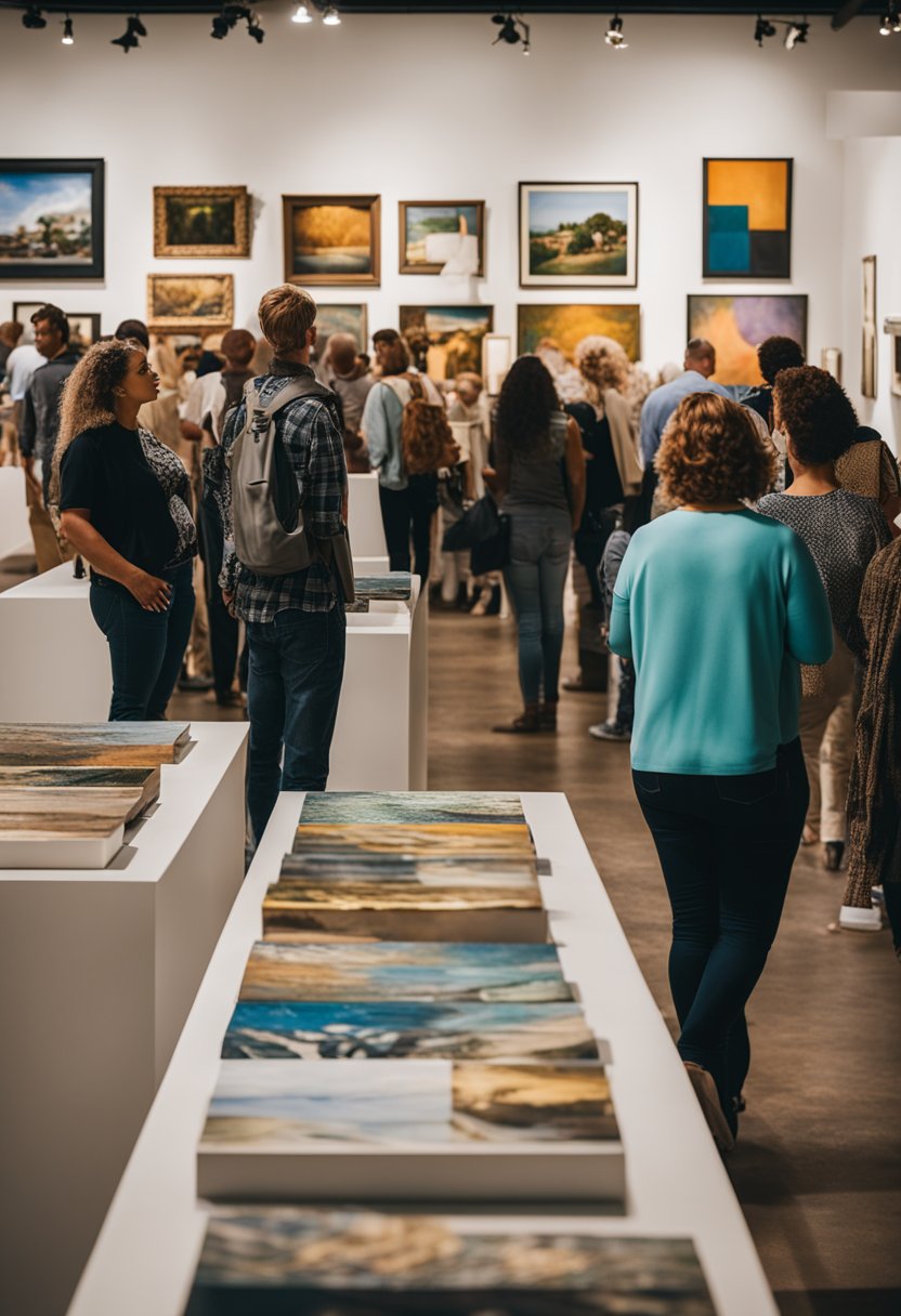 filled with vibrant paintings and sculptures. People are engaged in lively conversations as they admire the diverse range of artwork on display