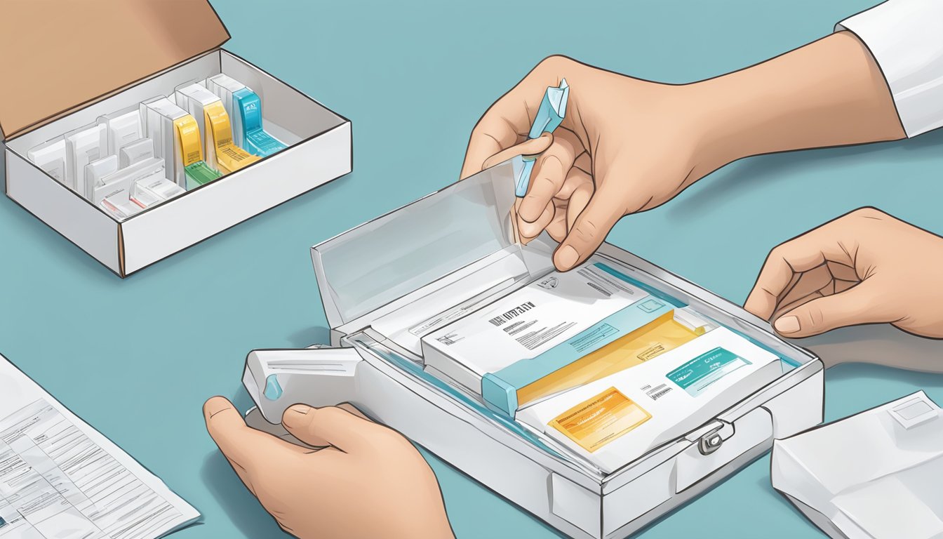 A person opening a package containing an HIV test kit, with clear instructions and a test device inside
