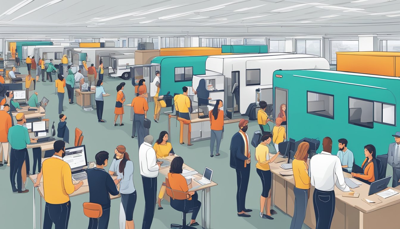 A busy office with people lining up to ask questions at a branded trailer manufacturer's customer service desk