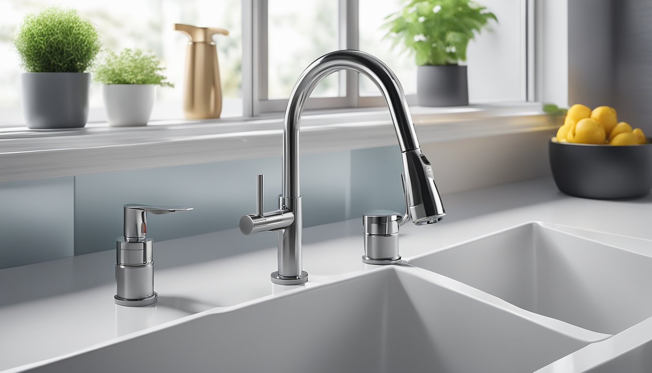 A modern kitchen sink tap is displayed in a well-lit showroom in Singapore, surrounded by other plumbing fixtures and accessories