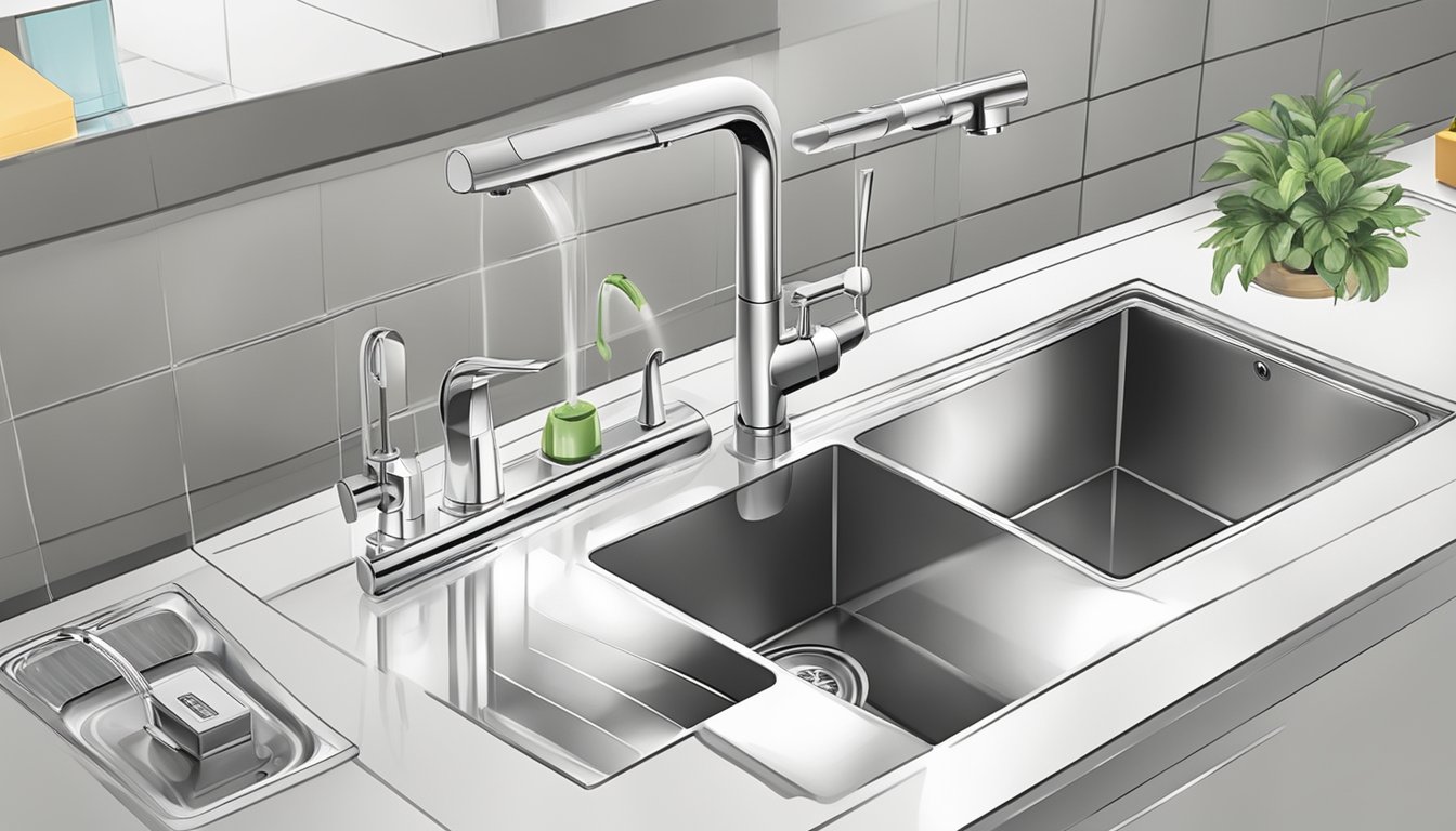 A hand reaches out to turn on a sleek, modern kitchen sink tap, water flowing smoothly. Various taps are displayed in a showroom, with a sign indicating "Where to buy kitchen sink tap in Singapore."