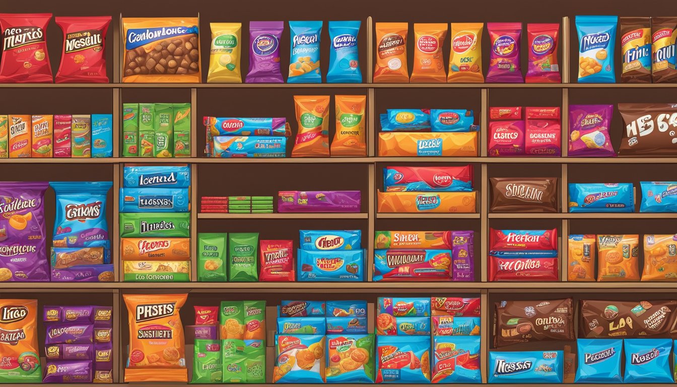 Colorful candy wrappers fill the shelves, with logos of top brands like Hershey's, Mars, and Nestle
