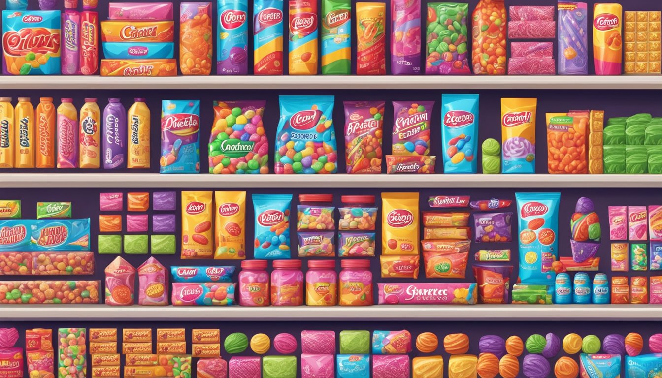 A colorful display of popular candy brands from global confectionery giants arranged on shelves in a vibrant and inviting store setting