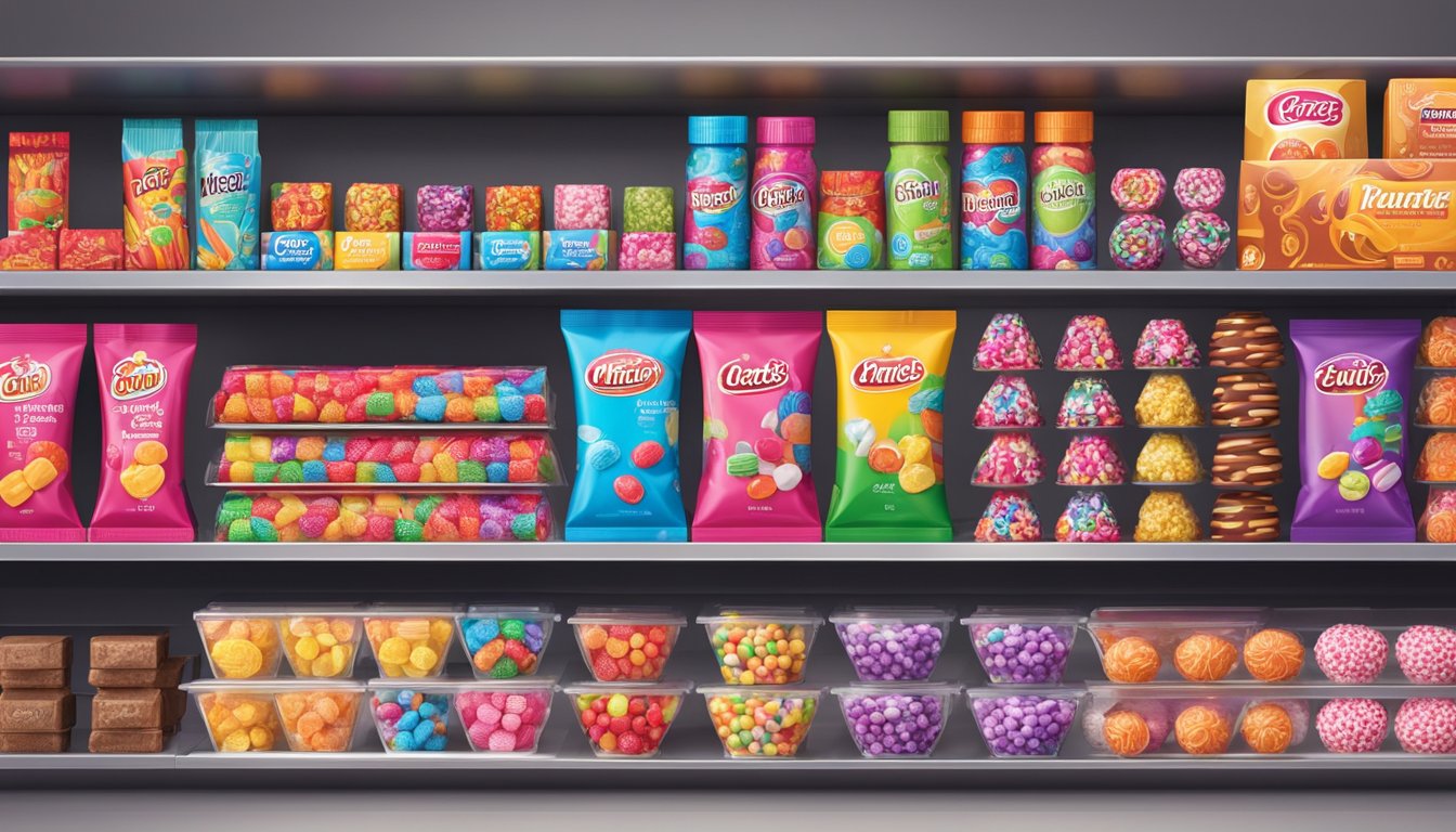 Various candy brands displayed on shelves, with vibrant packaging and eye-catching designs. Innovative flavors and trendy packaging stand out