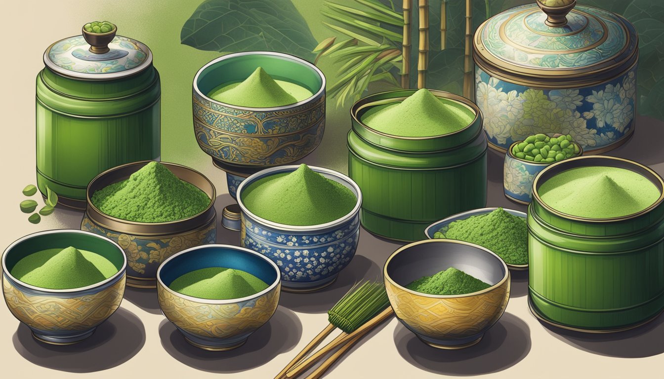 A bustling market stall displays vibrant green matcha powder in ornate tins, surrounded by traditional Japanese tea sets and bamboo whisks