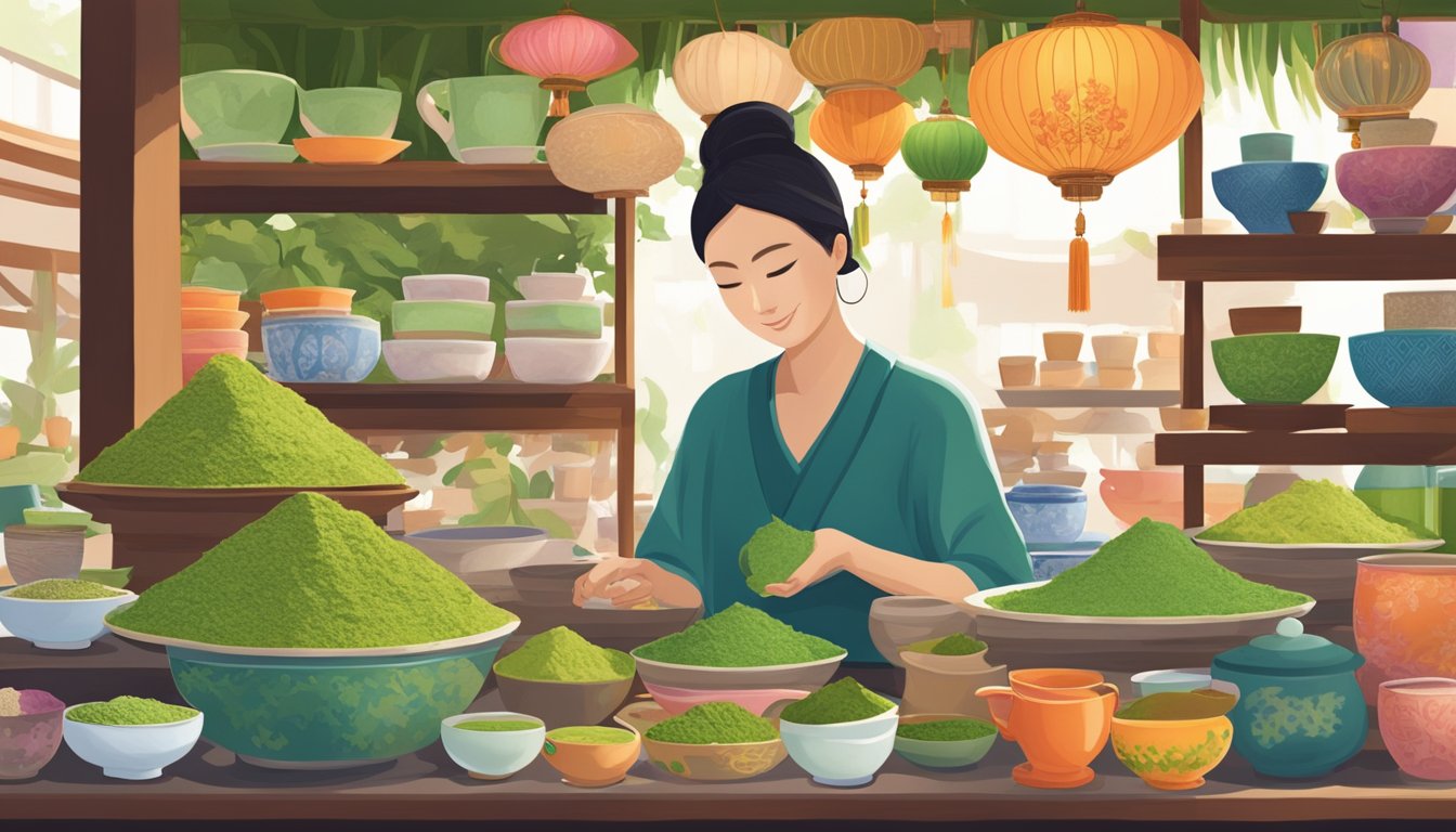 A bustling Singapore market stall sells vibrant matcha powder, surrounded by colorful tea sets and traditional Asian decor