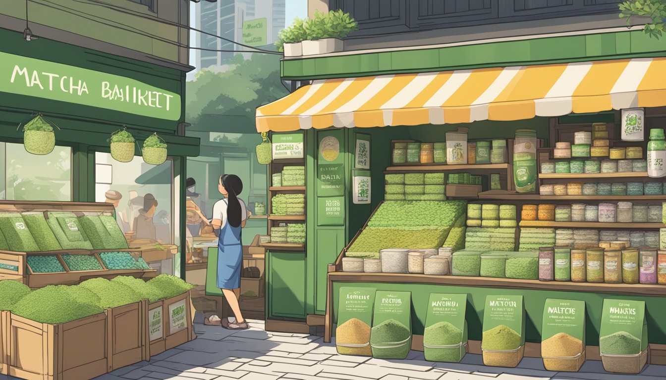 A bustling market stall displays various matcha powder brands with colorful packaging, while a sign prominently advertises "Frequently Asked Questions: Where to buy matcha powder in Singapore."